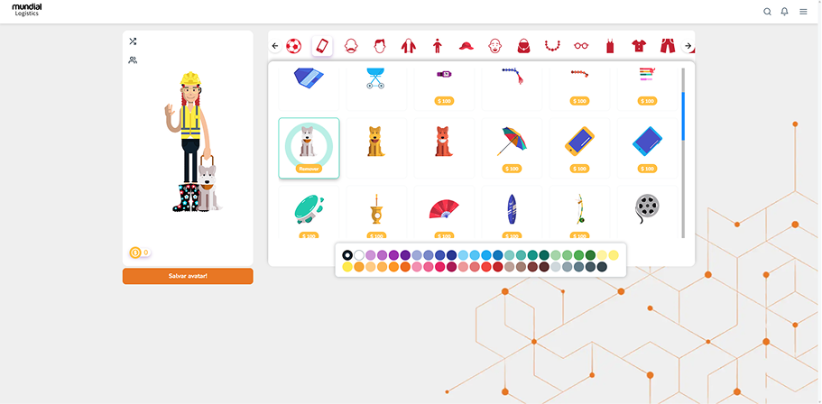 Tela de personalização do avatar, com opções de roupas, acessórios e cores