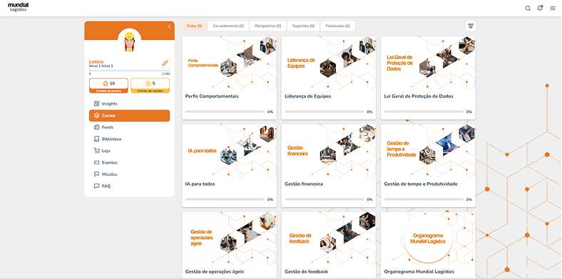 Página inicial da plataforma, com perfil, menu lateral e cursos disponíveis